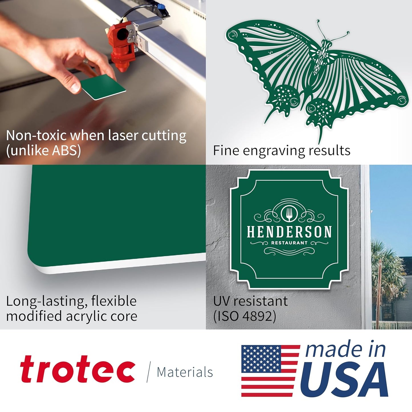 Trotec TroLase | 12"x24"x1/16", 4 Pcs | Dark Green/White | 2 Ply | Modified Acrylic | Laser Engraving Double Color Plastic Sheet | Engraving Blanks for Laser, Saw, Guillotine | Made in USA