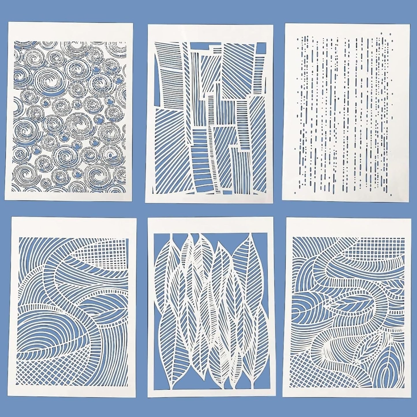 TIAMECH 6 Pcs A4 Reusable Geometric Stencils for Painting - Hollow Leaves & Abstract Curve Lines Texture Layering Templates, DIY Wall Art, Furniture, Scrapbook & Crafts