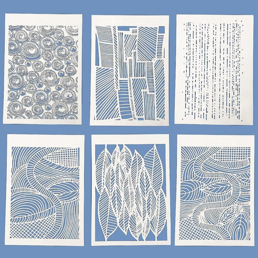 TIAMECH 6 Pcs A4 Reusable Geometric Stencils for Painting - Hollow Leaves & Abstract Curve Lines Texture Layering Templates, DIY Wall Art, Furniture, Scrapbook & Crafts