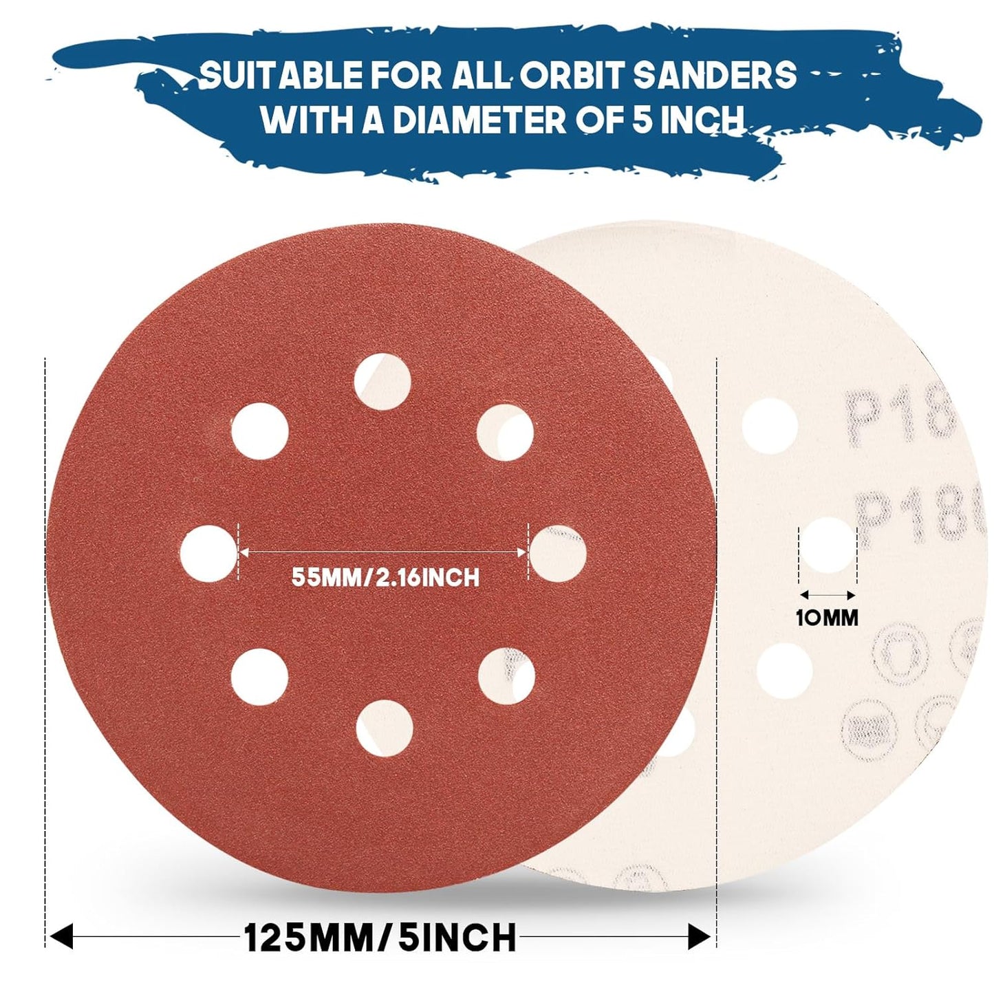 5 Inch 8 Hole Sanding Discs, 150 PCS 180 Grit Hook and Loop Sandpaper, Round Aluminum Oxide Sand Paper Discs for Random Orbital Sander