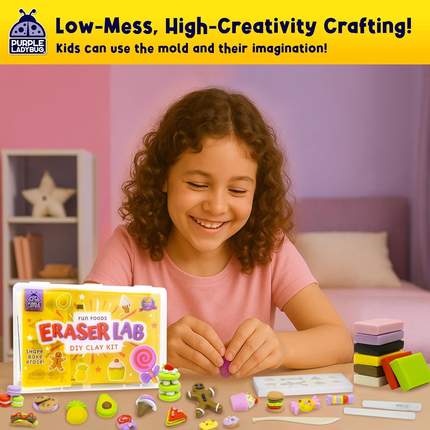 Eraser Lab DIY Clay Kit - Food-Themed Fun Eraser for Kids Craft Set, 8 Clay Colors, Mold Tray & Shaping Tool, Christmas Presents for Kids, Creative Activity for Boys & Girls Aged 4+, Gift for Birthday