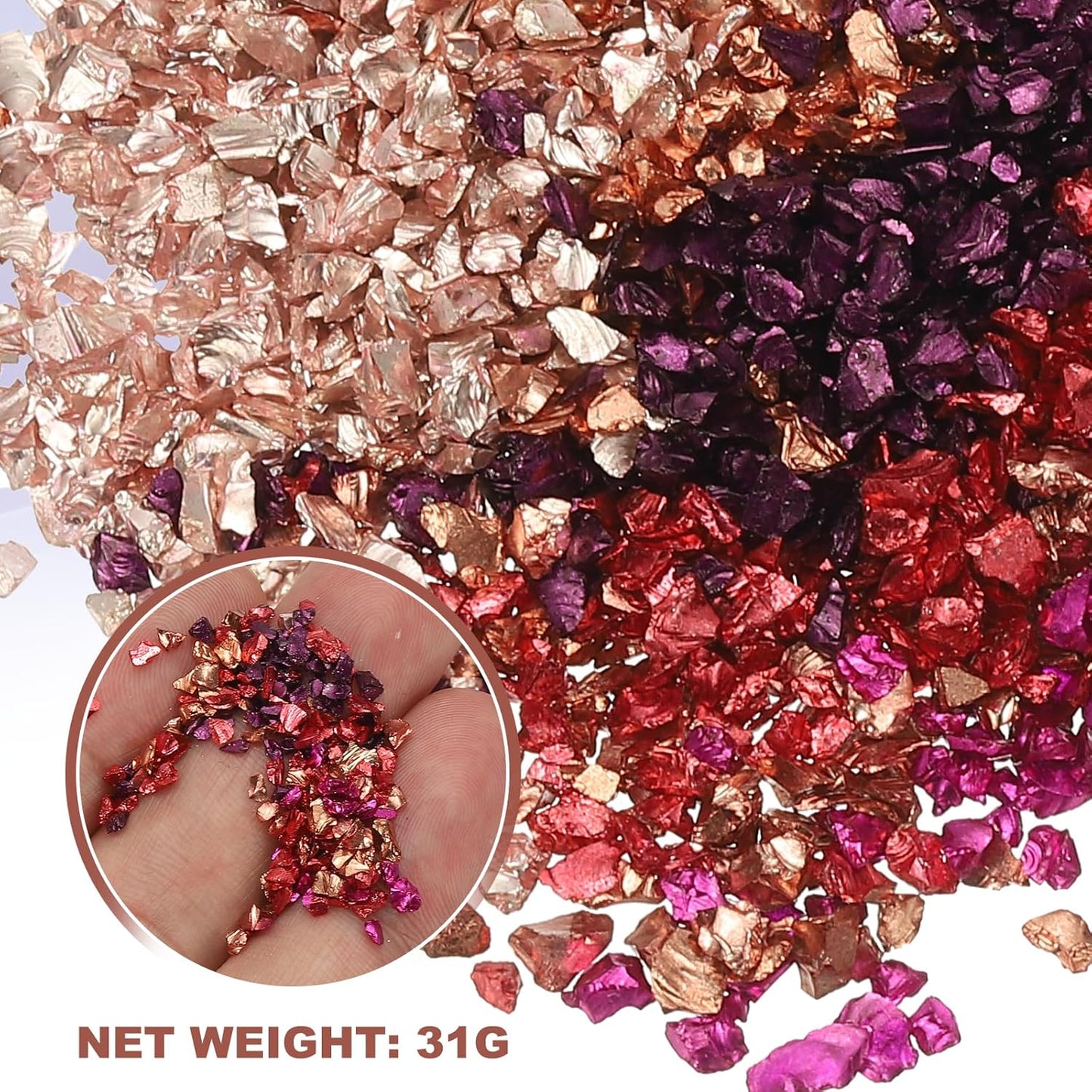 uxcell 6 Colors Crushed Glass Chips, 1-3mm Irregular Glitter Metallic Glass Broken Glasses Pieces with Laser Bag for Craft DIY Vase Epoxy Halloween Decoration 31g, Solid Color