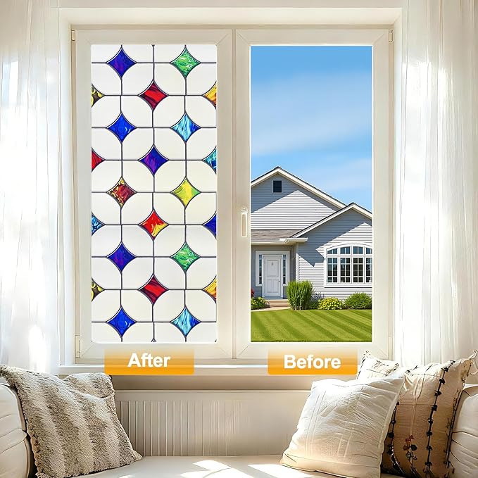 Stained Glass Window Film - Non-Adhesive Colorful Privacy Film | Privacy Protection, Reusable & Renter Friendly | Perfect for Bedroom/Bathroom Room Decor (Frosted Mosaic, 17.5 X 78.7 in)