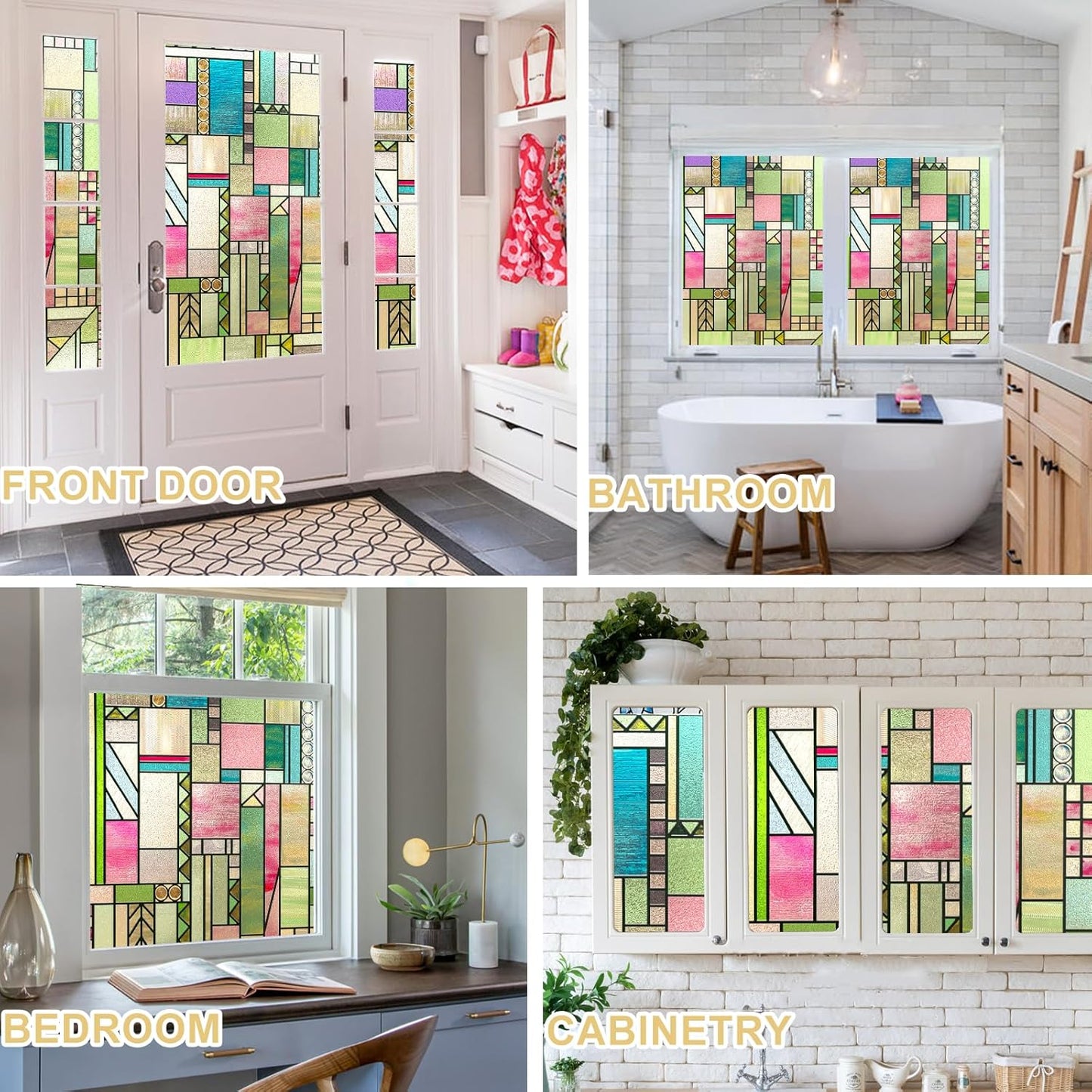 3D Stained Glass Window Privacy Film, Heat Control UV Blocking Static Cling Decorative Window Film for Bathroom,Front Door,Home Non Adhesive,Colorblock 23.6 x 35.4 inches