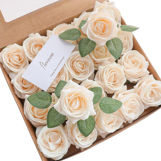 Floroom Artificial Flowers 20pcs Real Looking Cream High-Centered Foam Fake Roses with Stem for DIY Wedding Bouquets Bridal Shower Centerpieces Floral Arrangements Party Tables Home Decorations