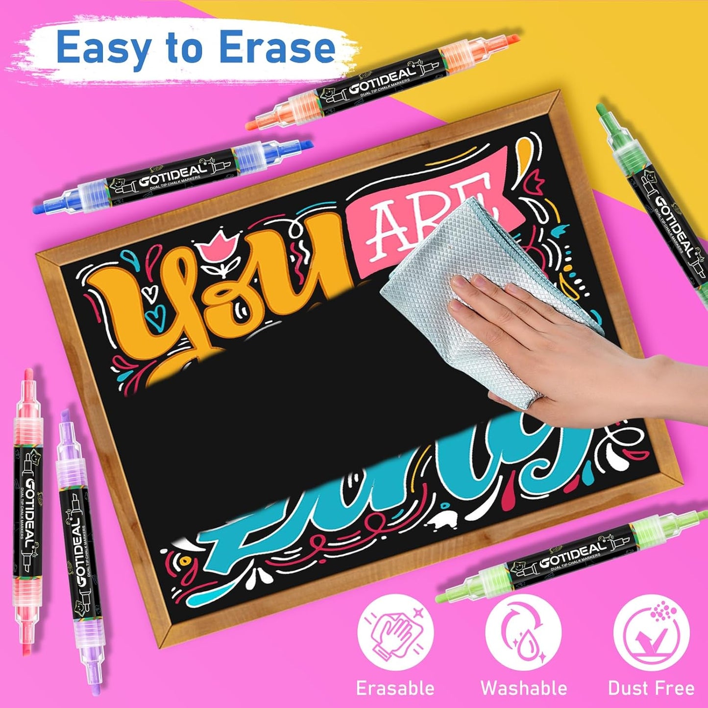 GOTIDEAL Chalk Markers Dual Tips,Erasable Liquid Chalk Marker for Blackboard,Washable Chalk Pens for Auto,Car,Glass,Mirror,Chalkboard,Window markers,24 Colors Chalk Board Markers with Metallic Colors