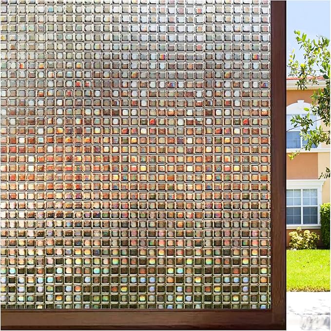 rabbitgoo Window Privacy Film Stained Glass Window Film, Mosaic Rainbow Decorative Glass Cling, Removable Static Cling Tint,Non-Adhesive Privacy Covering for Home, Brown, 35.4 x 78.7 inches