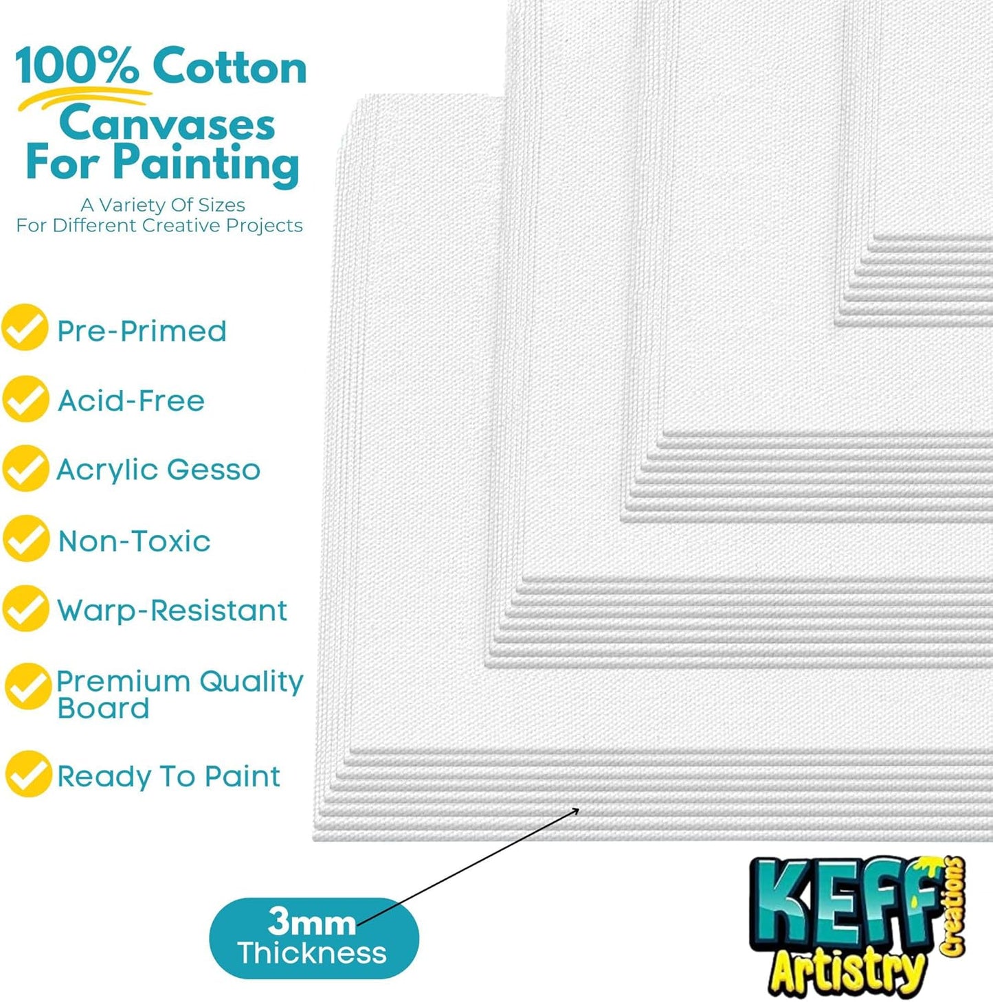 KEFF 32-Pack Bulk Canvas for Painting, 8 of 5x7, 8x10, 9x12, 11x14 Canvas Boards for Painting, Art Supplies for Adults & Kids - 100% Cotton Primed Painting Canvas for Acrylic, Oil, Watercolor, Tempera