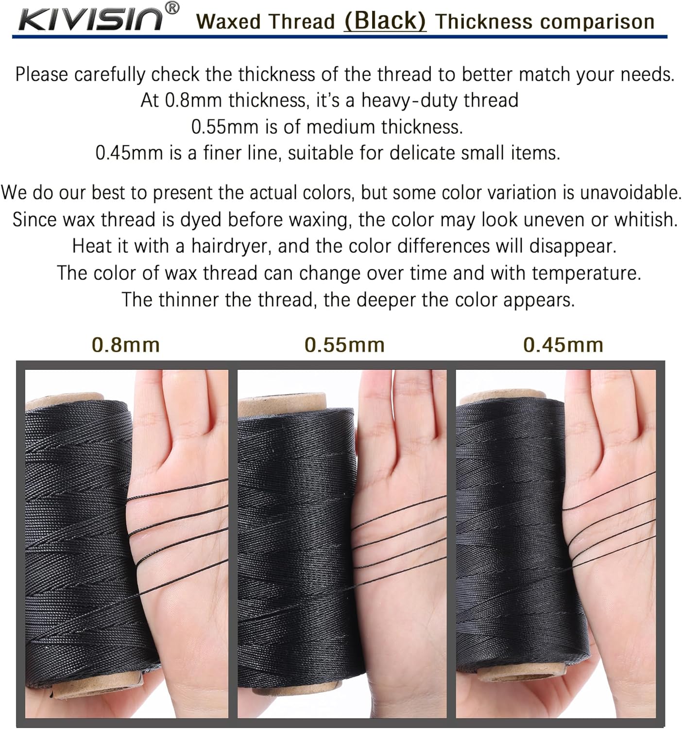 Thin Wax Polyester Thread, 0.45mm, 547 Yards, 3 Ply Round Waxed Cord Strings for Sewing, Beading, Binding, Micro Braiding, Fine Leather Craft and Micro Macrame Jewelry - Black