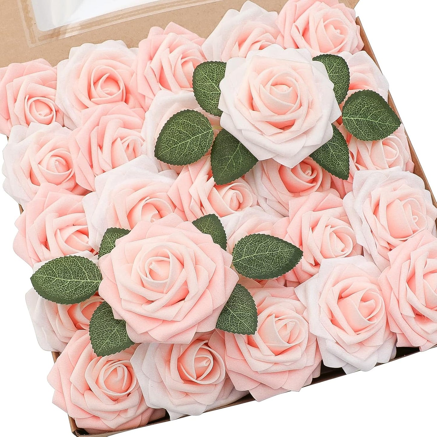 Floroom Artificial Flowers 25pcs Real Looking Blush Shades Foam Fake Roses with Stems for DIY Wedding Bouquets Bridal Shower Pink Centerpieces Floral Arrangements Party Tables Home Decorations