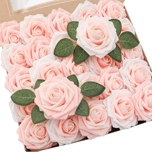 Floroom Artificial Flowers 50pcs Real Looking Blush Shades Foam Fake Roses with Stems for DIY Wedding Bouquets Bridal Shower Pink Centerpieces Floral Arrangements Party Tables Home Decorations