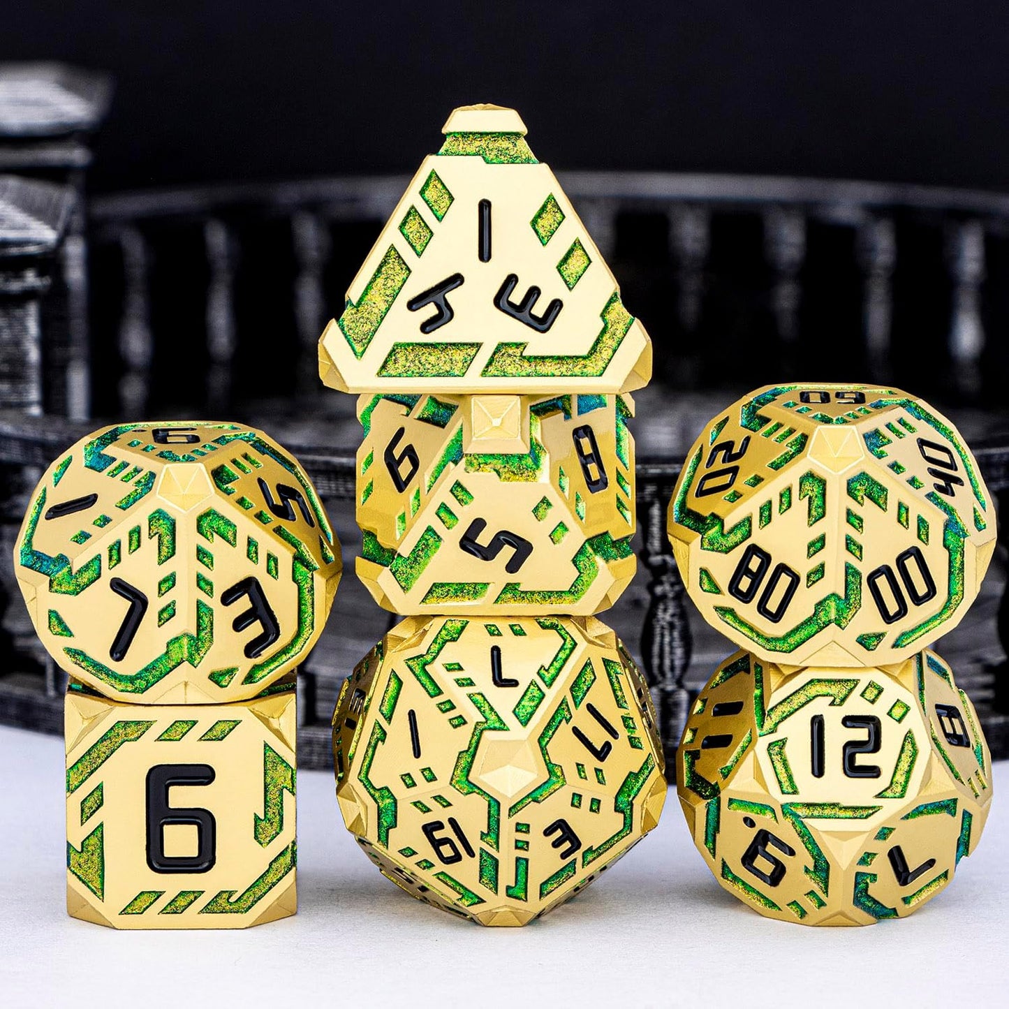 Metal DND Sci-fi Dice Set 7PCS Stripe Polyhedral Dice for Dungeons Dragons RPG Role Playing Game, Glitter D and D Dice with Gift Box D6 D8 D10 D12 D20 (Golden Green)