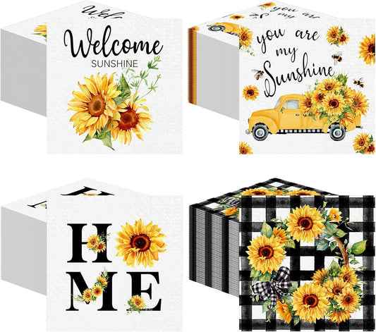 Fulmoon 200 Pieces Summer Sunflower Cocktail Napkins Disposable Floral Dessert Paper Napkins Bulk Sunshine Decoupage Beverage Towel for Summer Sun Party Dinner Decorative