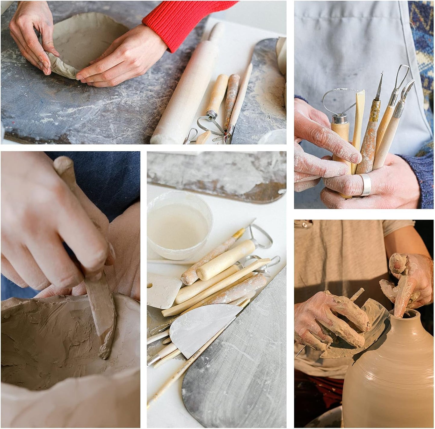 Pottery Tool Kit, 17pcs Polymer Clay Tools, Modeling Clay Sculpting Tools Kit, Ceramics Tools, Trimming, Embossing Pattern, Smooth Wooden Handles