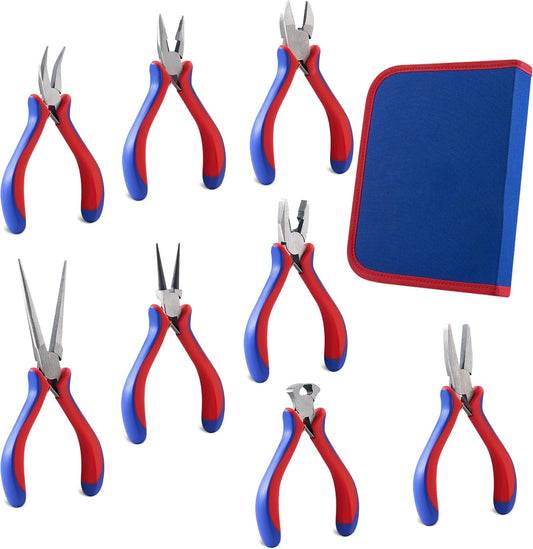 Needle Nose Pliers Set - 8 Pcs High Hardness Carbon Steel Mini Pliers with Ergonomic Handle, Automatic Shrapnel Design, and Multiple Types of Jaws for Repairing Electronics and Cutting Wires