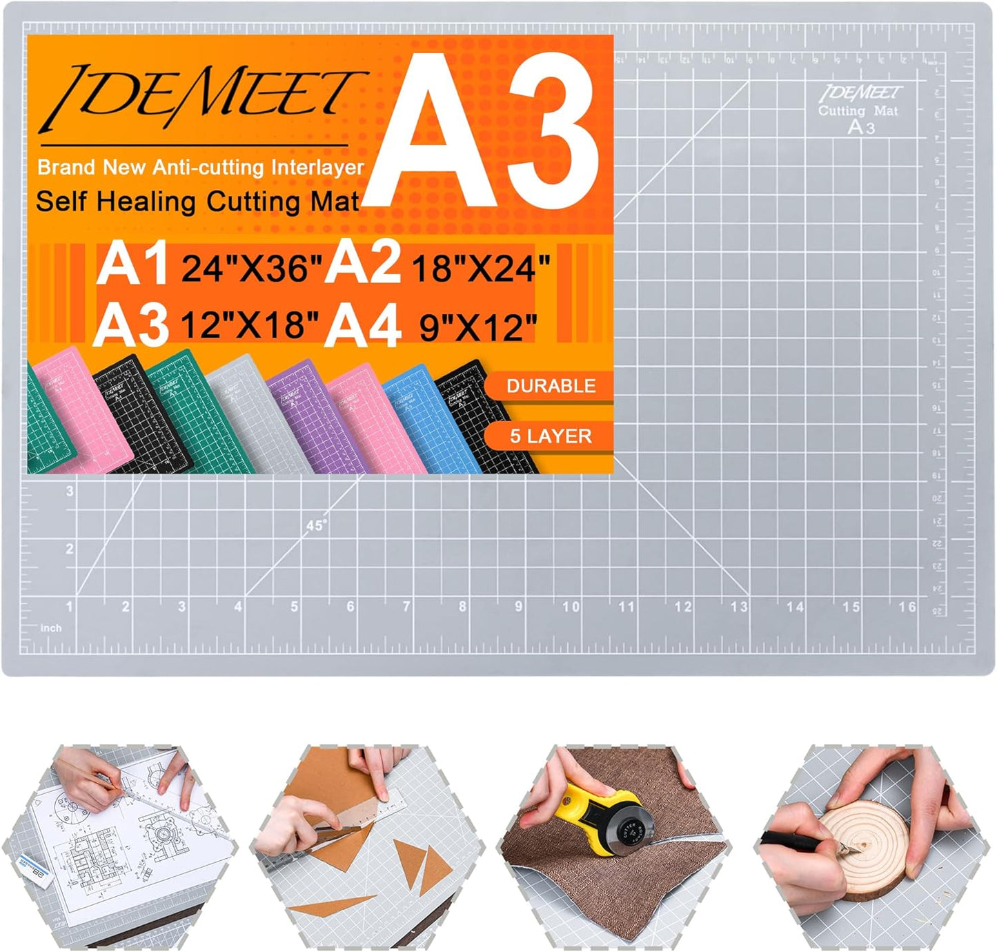 Density-upgraded 18"x12" Self Healing Cutting Mat, Idemeet Rotary Sewing Mat for Crafts, 5-Ply Blade Table Protector Cut Board for Fabric Leather Cutting Quilting Modeling Hobby Project, A3, Gray