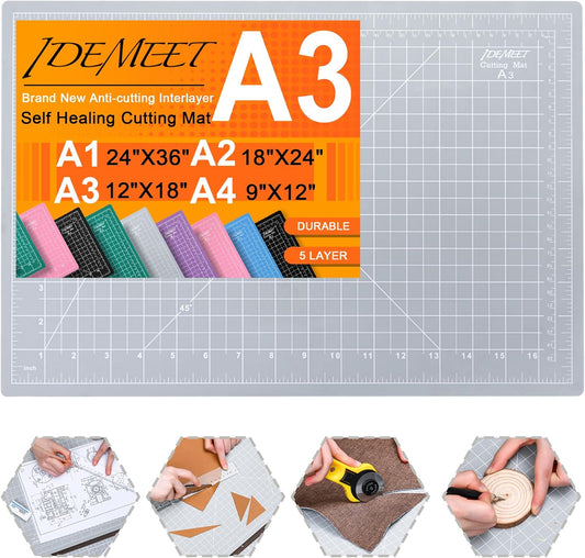 Density-upgraded 18"x12" Self Healing Cutting Mat, Idemeet Rotary Sewing Mat for Crafts, 5-Ply Blade Table Protector Cut Board for Fabric Leather Cutting Quilting Modeling Hobby Project, A3, Gray