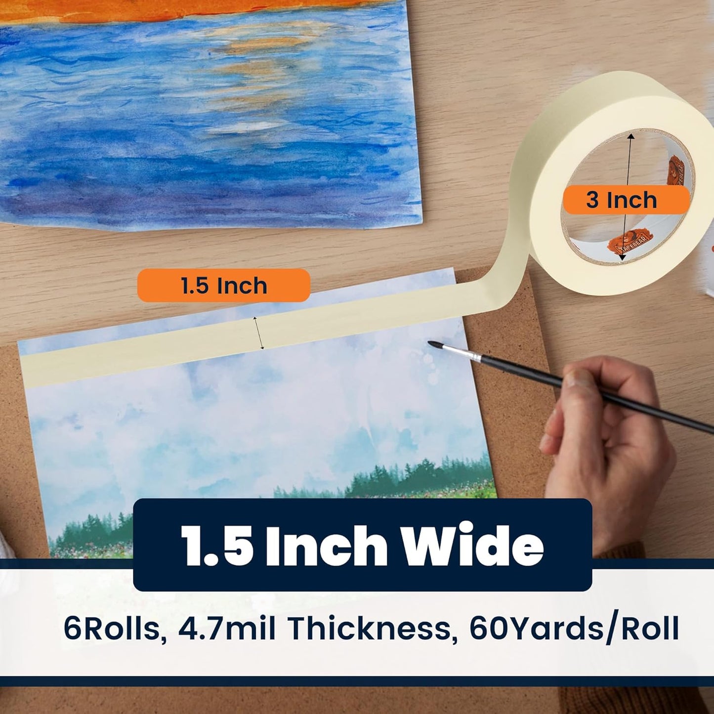 TAPEBEAR General Purpose Masking Tape 1.5 Inch x 60 Yards, Beige White Painters Tape for Painting, Labeling, DIY Arts Crafts, Home Office School Projects, 6 Rolls