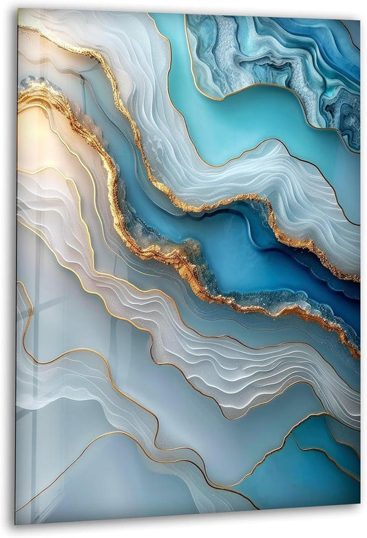 My Photostation.com 18Wx28H'' Turquoise and Blue Alcohol ink Glass Wall Art Tempered Glass Printing Wall Decor Large Wall Art Wall Hangings