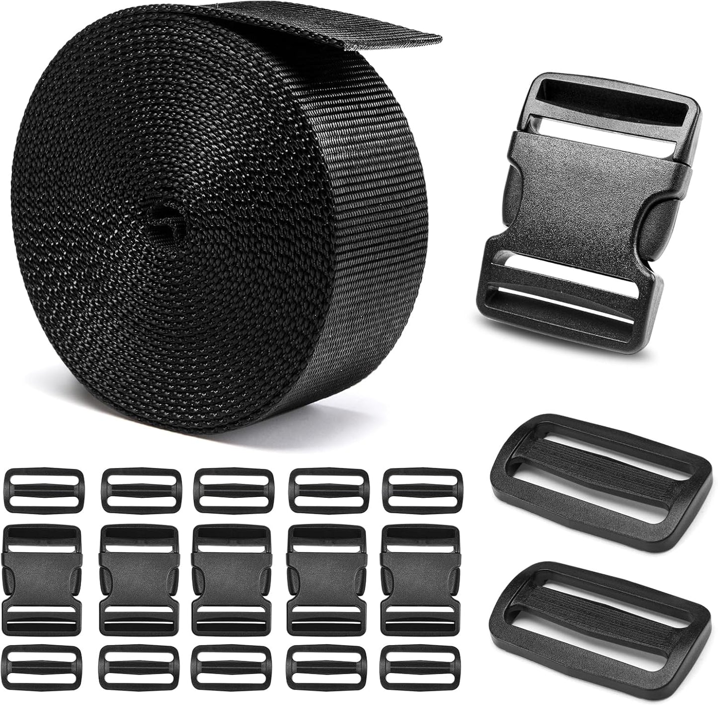 2" Heavy-Duty Buckle & Straps Set: 6-Pack Side Release Plastic Buckles, 6 Yards of Thick Nylon Webbing, 12 Tri-Glide Slide Clips, No Sewing Required (2" Combo Set)