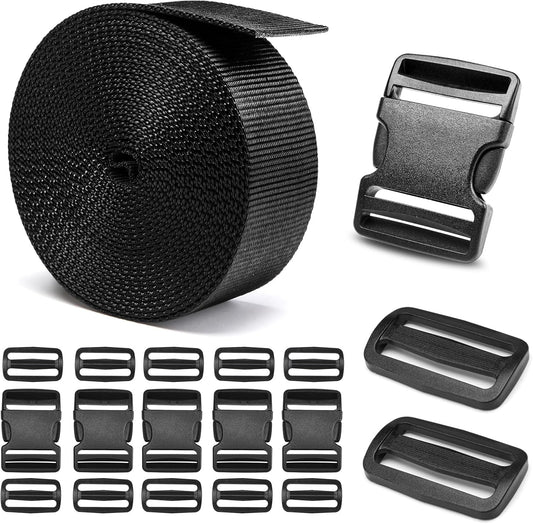 2" Heavy-Duty Buckle & Straps Set: 6-Pack Side Release Plastic Buckles, 6 Yards of Thick Nylon Webbing, 12 Tri-Glide Slide Clips, No Sewing Required (2" Combo Set)