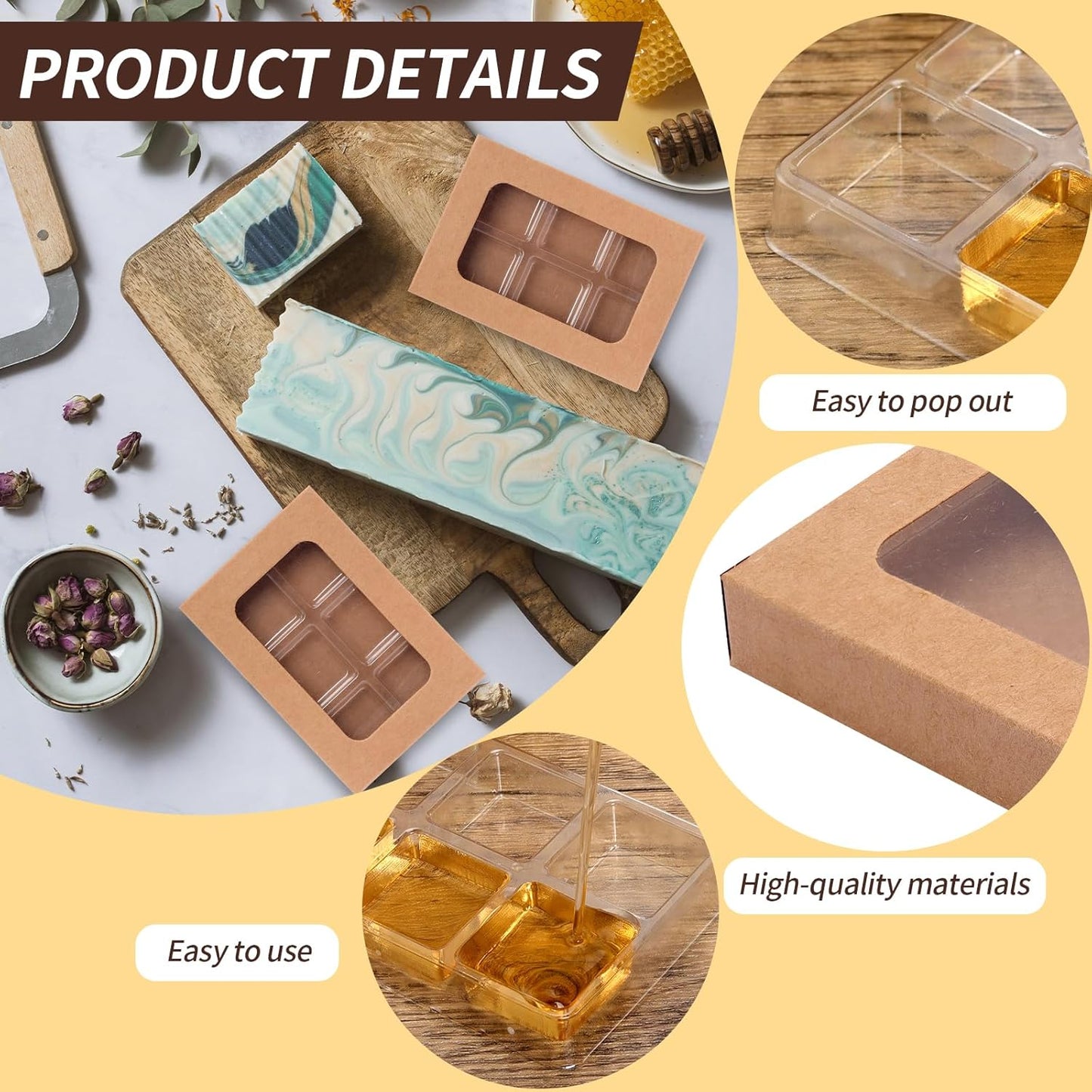 100 PCS Gift Boxes for Wax Melts 6 Cavity Plastic Mold with Box Kraft Wax Melt Boxes Crystal Clear Wax Melt Molds Wax Melts Containers for Wax Cubes Wax Tarts Wax Block(4 * 2.8 Inch)