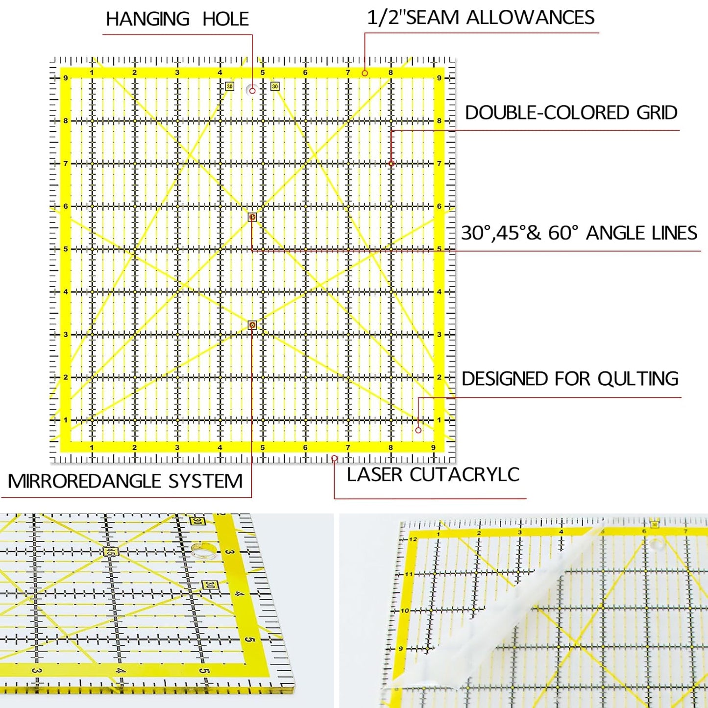 Quilting Rulers, Acrylic Quilt Ruler,4 Square Fabric Cutting Ruler (4.5"X4.5", 6"X6", 9.5"X9.5", 12.5"X12.5"), Quilting Templates with Non Slip Rings. (Yellow)