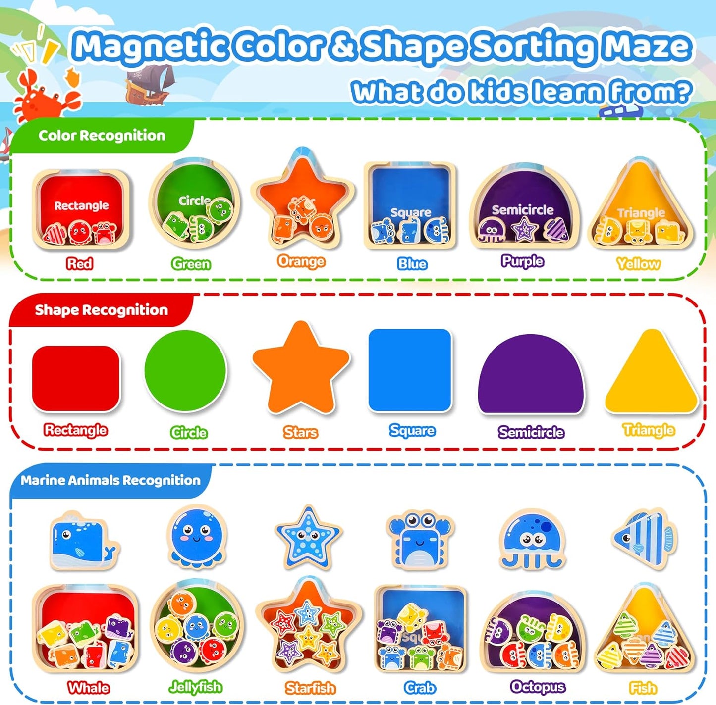 FCSONU Magnetic Color & Shape Maze, Toddler Montessori Toys for 3 4 5 Years Old Boy Girl Birthday Gifts, Wooden Magnetic Board for Kids Puzzles, Color Shape Sorting Magnet Toys, Preschool Activities