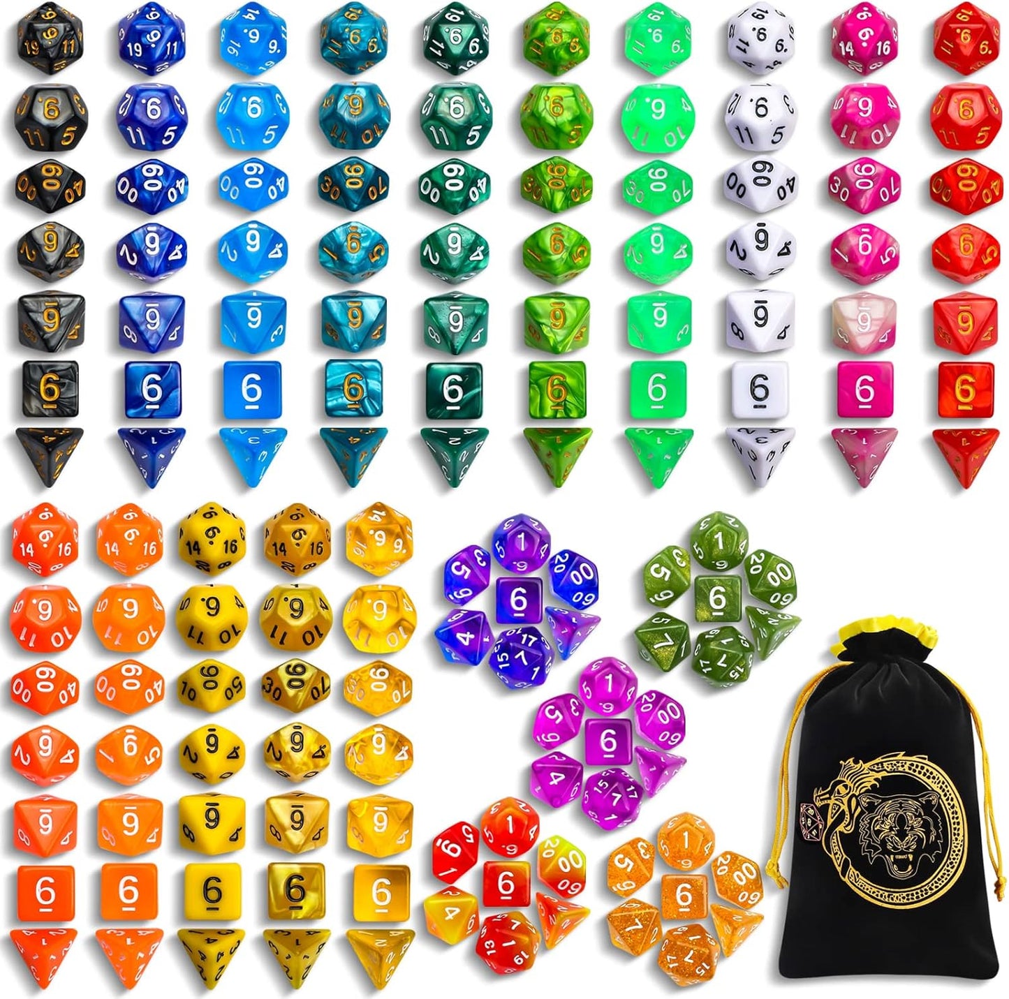 CiaraQ DND Dice Sets - 20 X 7 Polyhedral Dice (140pcs) with a Large Drawstring Bag Great for Dungeons and Dragons, Role Playing Table Game.