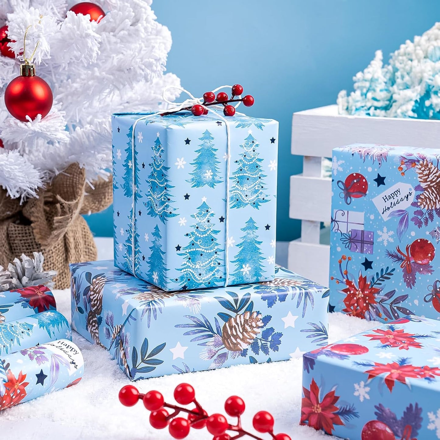 WRAPAHOLIC 30 Inch Christmas Wrapping Paper Roll - Jumbo Roll Red and Blue Snow Globe, Pinecone, Poinsettia, Christmas Tree Wrapping Paper - 4 Rolls - 30 Inch x 120 Inch Per Roll