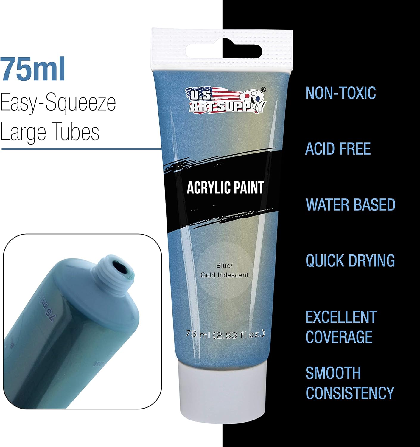 U.S. Art Supply 12-Color Iridescent Acrylic Paint Set Large 75ml Tubes - Luminescent, Chameleon, Color-Shifting Pearl Colors, Crafting Paints - Iridescent Paint Acrylics for Canvas, Wood, Rock, Paper