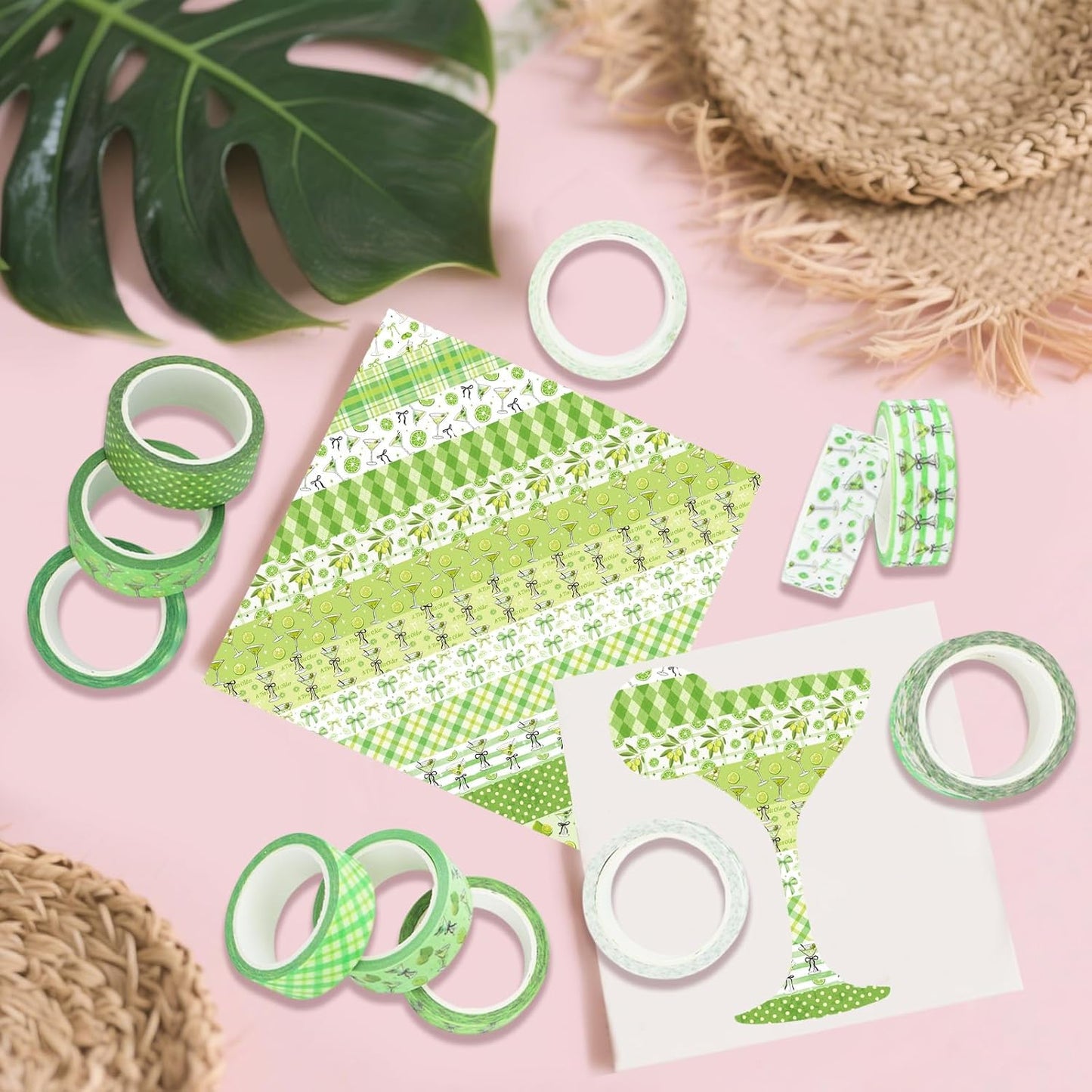 12 Rolls Greenery Washi Tape, Martini Bow Lemon Masking Tape, Checkered Martini Glass Decorative Sticker for Summer Party Afternoon Tea Scrapbook Journal DIY Craft Gift Wraps 16.4FT