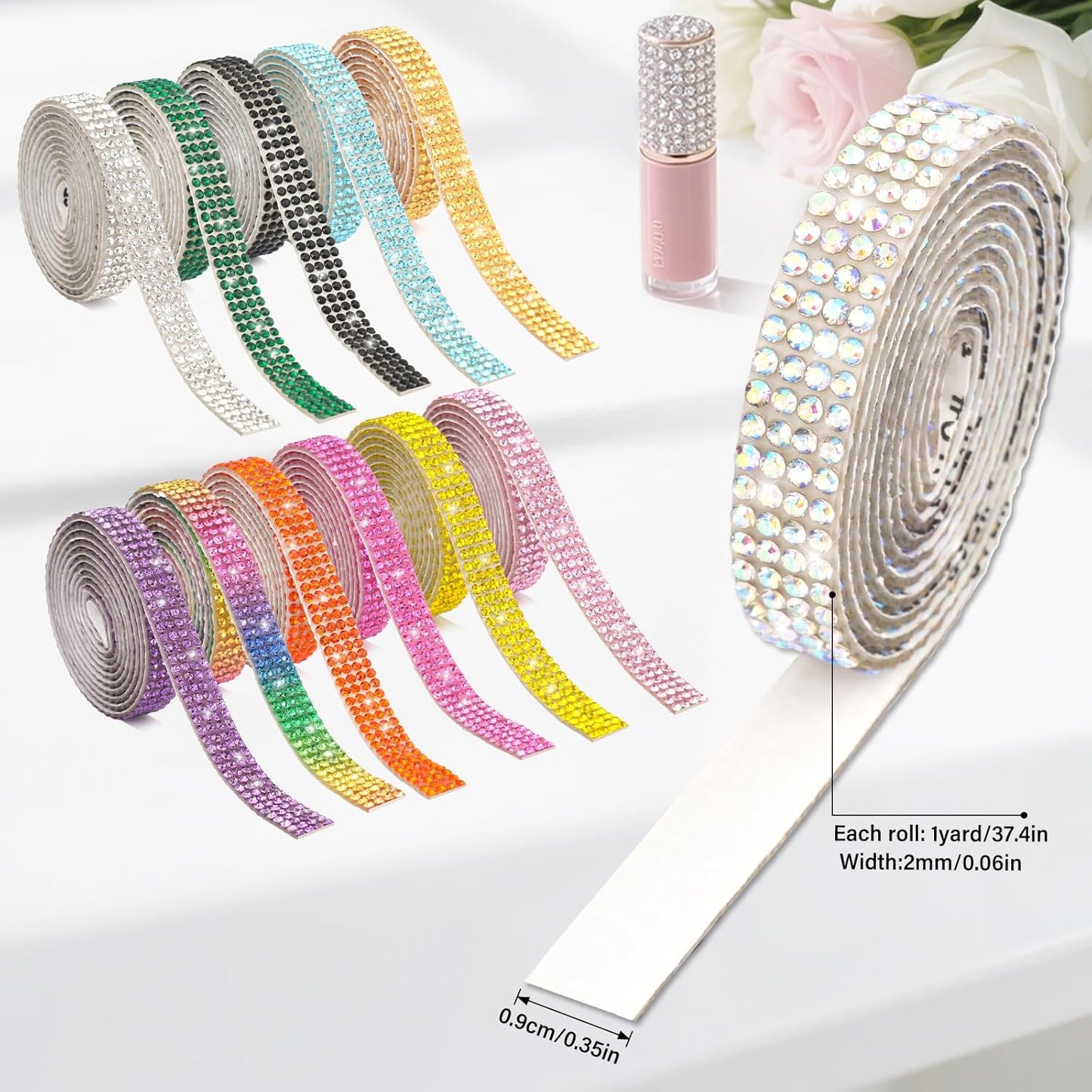 12 Rolls Rhinestone Ribbon Self Adhesive,0.35" X12 Yard Bedazzling Kit with 2 mm Rhinestones Bedazzling Strips for Gift Wrapping Wedding Decor DIY Crafts(12 Colors)