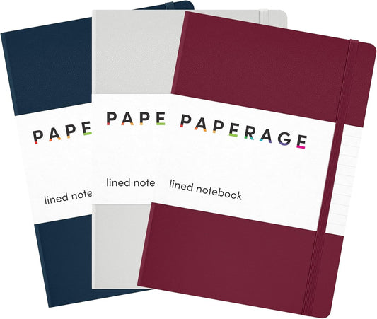 PAPERAGE Lined Journal Notebook, 3 Pack, (Burgundy, Light Grey, Navy), 160 Pages, Medium 5.6 in x 8 in - 100 GSM Thick Paper – Hardcover Journaling Notebook for Work, School & Note Taking