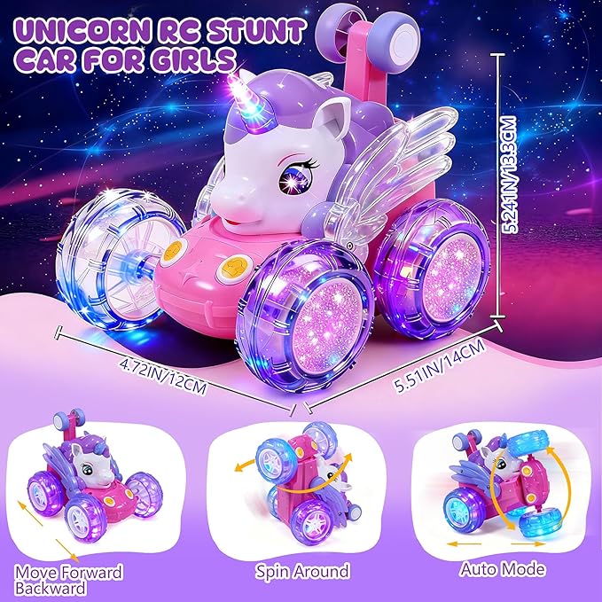 Unicorn Toys RC Car for Girls 4-6 Beginner-Friendly Cute Remote Control Toy - High-Speed All-Terrain 360°Flips Stunt & Cool Blinky Lights Ideal Christmas Birthday Gift for Age 3 4 5 6 7 8 - Purlple