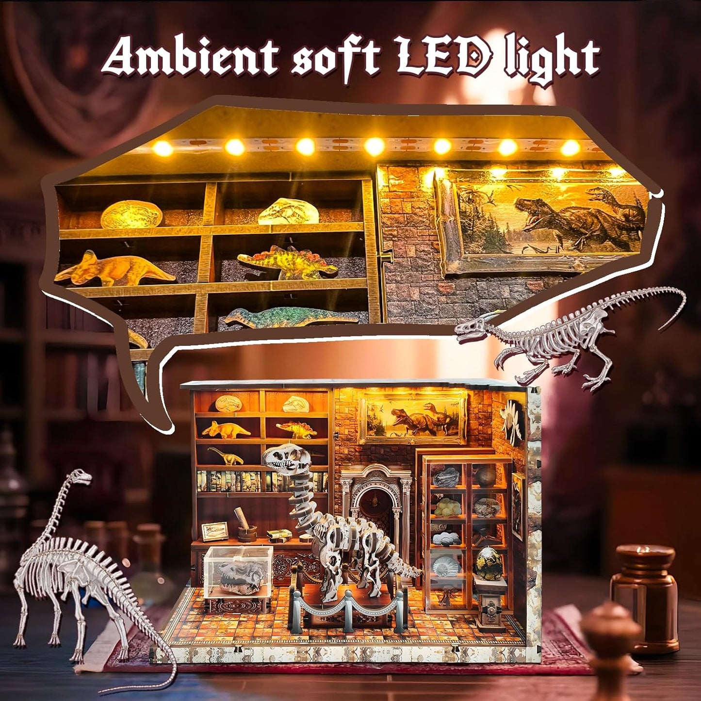3D Wooden Puzzles for Adults, DIY Miniature Dollhouse, Book Nook Kit, Built-in LED Model Kit Hobby Gifts for Adults Teens Home Decor, Ideal Gift for Teenager and Men (Dinosaur Museum)