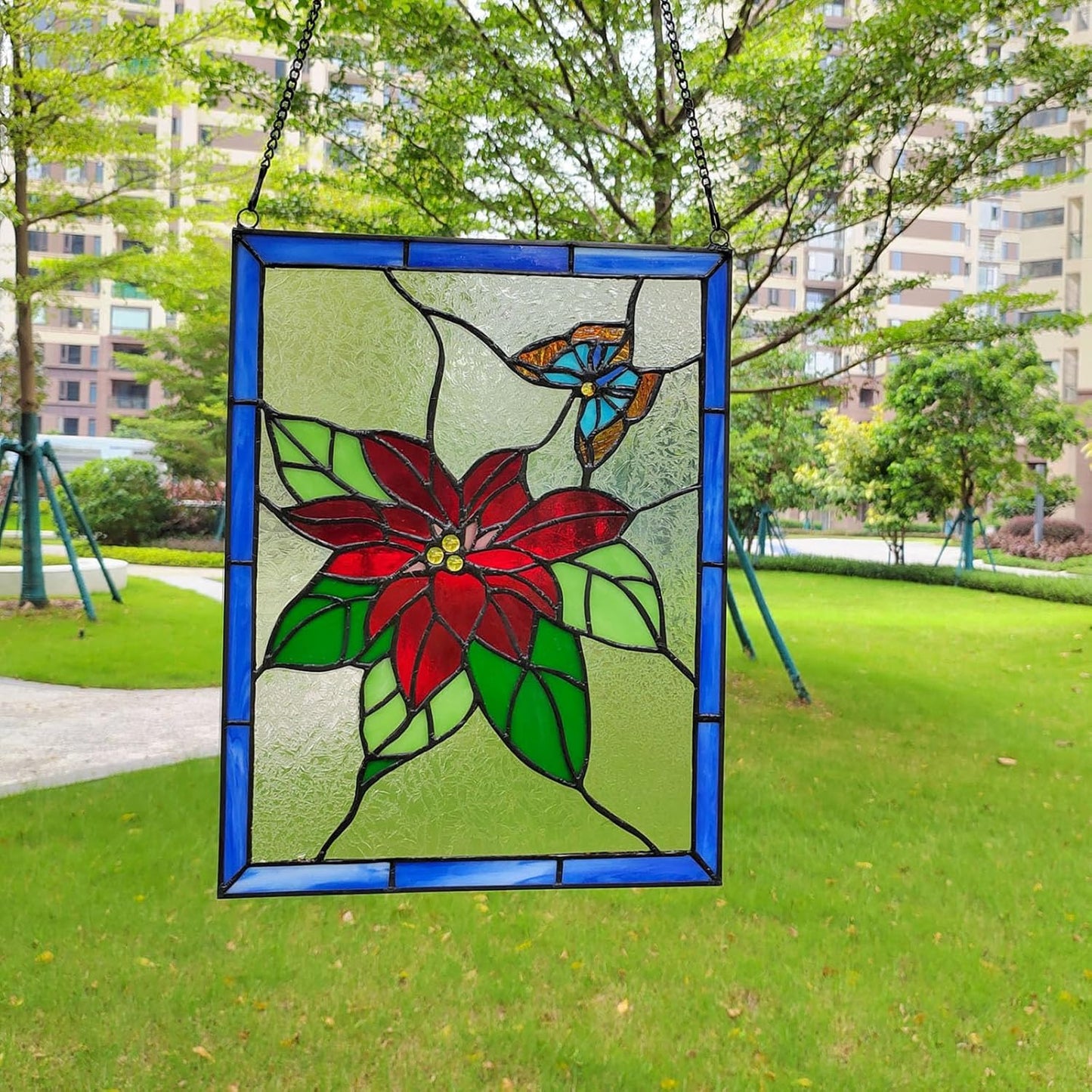 PA0020 Christmas Flower Stained Glass Hanging Panel-10 Wx13.25 H Window Suncatcher Tiffany Style Window Ornament, Handcrafted Poinsettia Flower Home Hanging Decorations