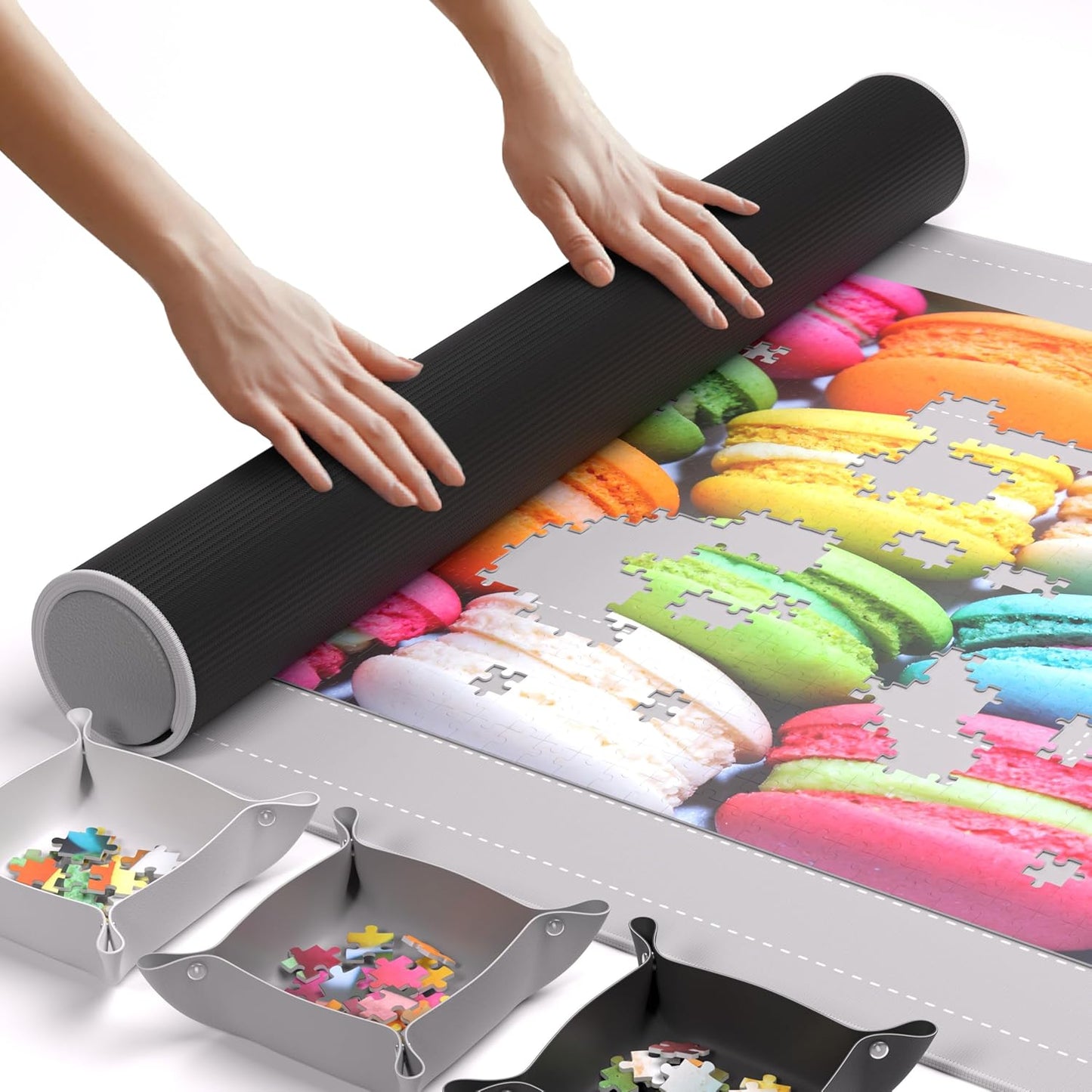 The Original Newverest Jigsaw Puzzle Mat Roll Up, Silver, 46” x 26” Portable Keeper Up to 1500 Pieces with Non-Slip Rubber Bottom & Smooth Top + 3 Puzzle Sorting Trays & Travel-Friendly Storage Bag