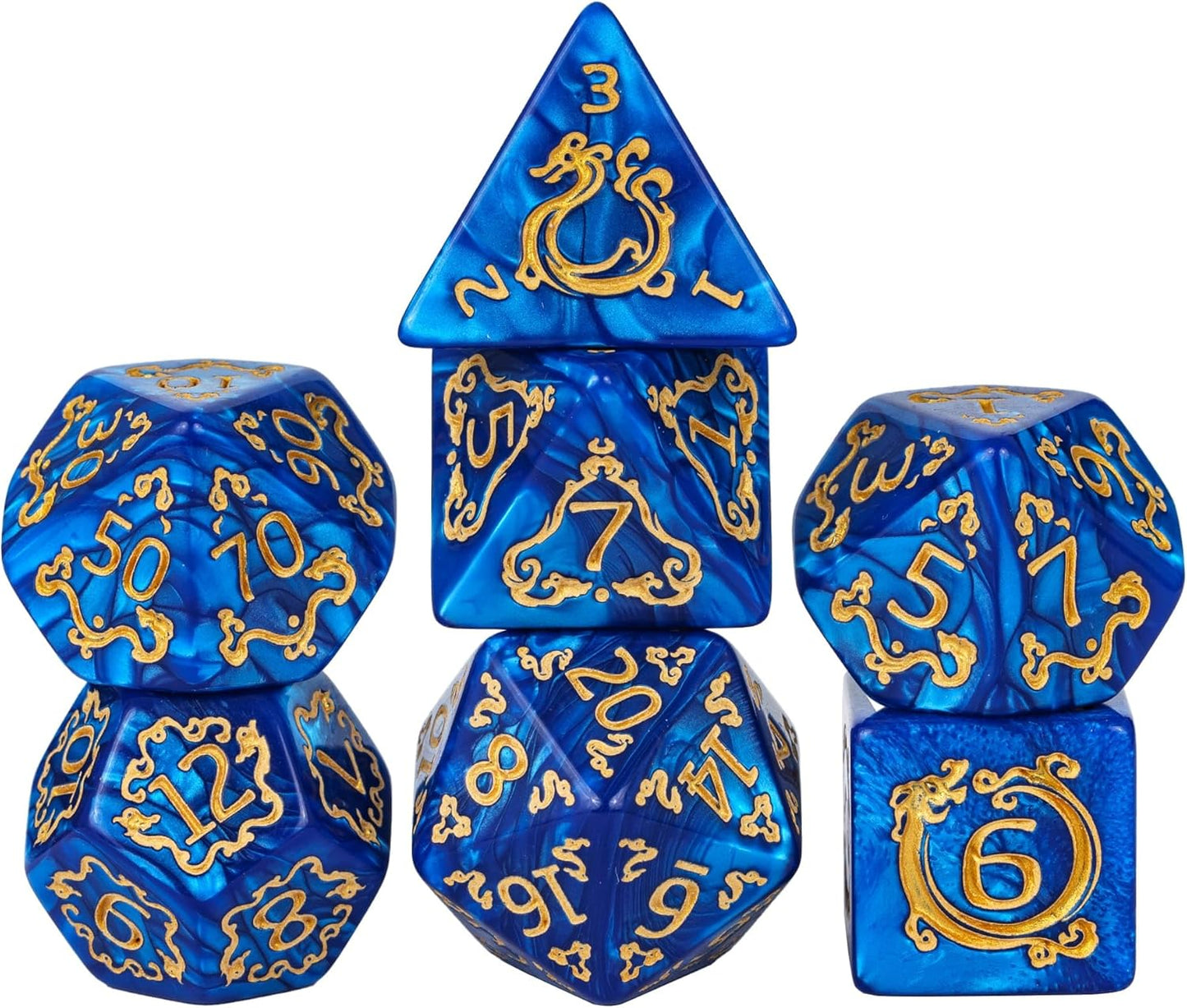 7-Die DND Dice Set Dragon Pattern Polyhedral Die with Leather Bag D&D Dice Set for RPG Table Games (Blue W/Gold Dragon Pattern)