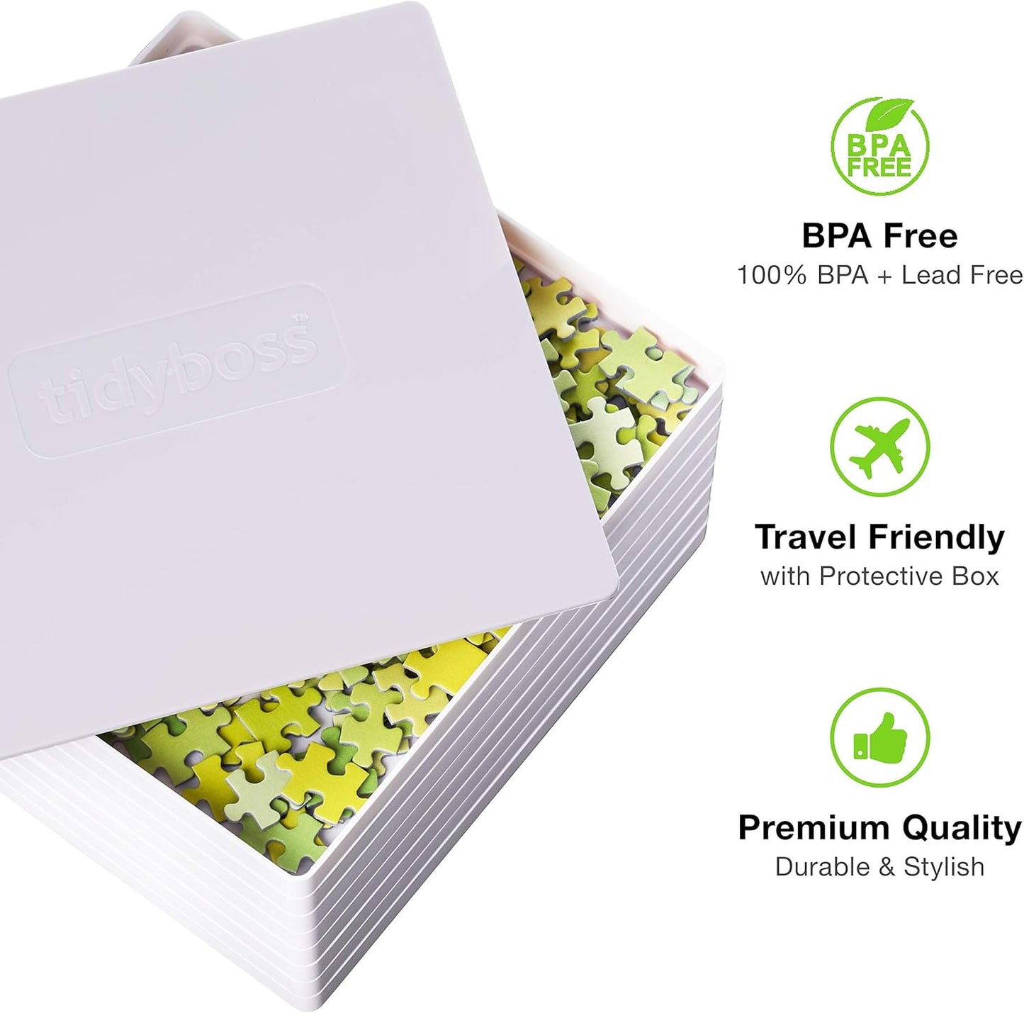 Tidyboss 8 Puzzle Sorting Trays with Lid 8" x 8" - Portable Jigsaw Puzzle Accessories White Background Makes Pieces Stand Out to Better Sort Patterns, Shapes and Colors | for Puzzles Up to 1500 Pieces