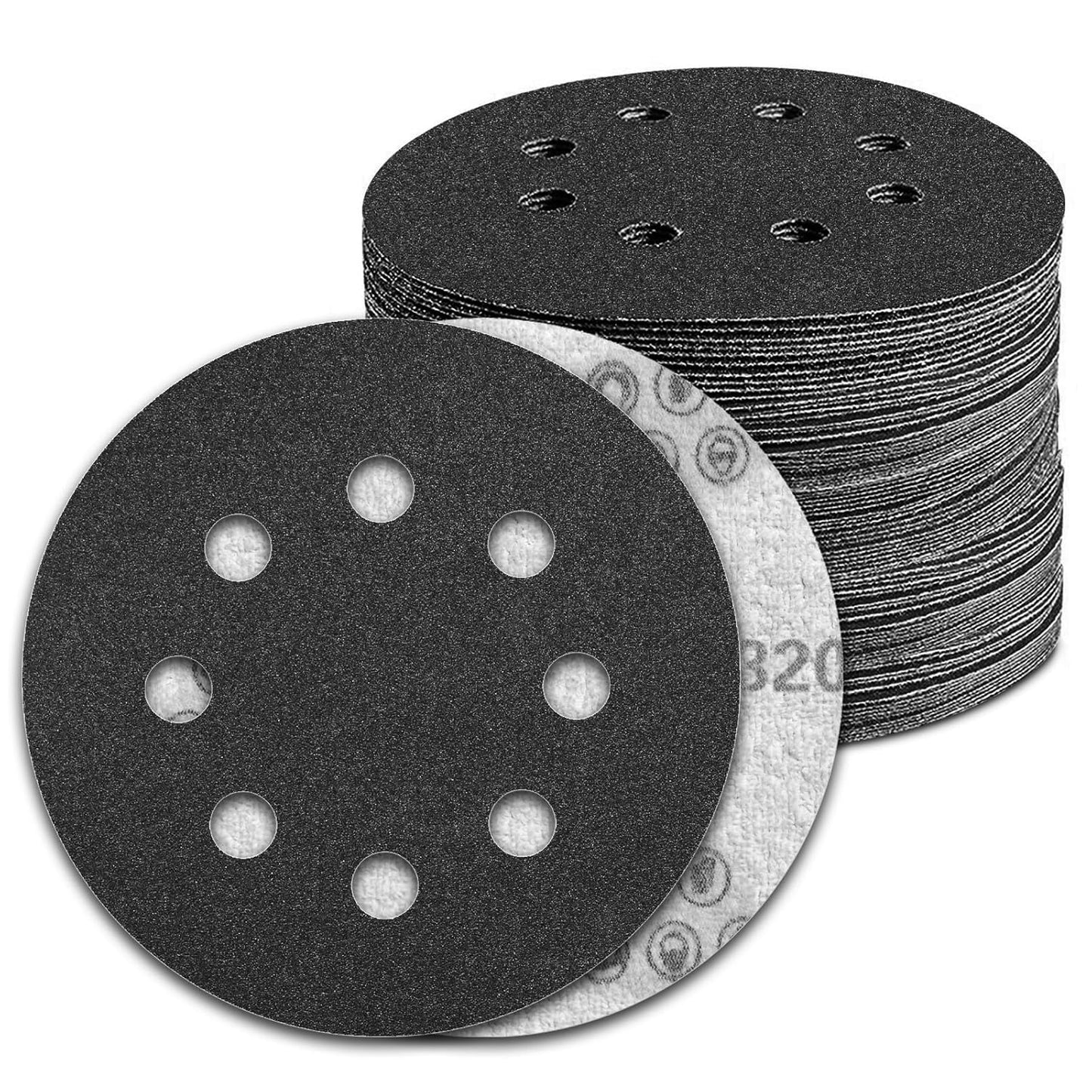 100 Pcs 5 inch Wet Dry Sanding Discs Grit 320 Hook and Loop 8 Hole Silicon Carbide Orbital Sander Sandpaper