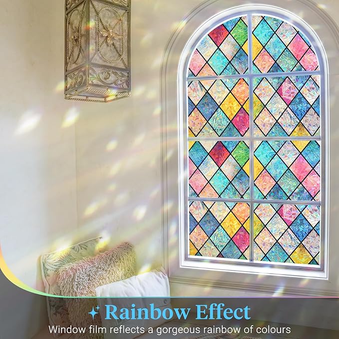 Haton Stained Glass Window Film, Rainbow Window Privacy Film, Decorative Sun Blocking Glass Clings Stickers, Static Cling Colorful Lattice Coverings Decals for Home Door 17.5" x 118.1"