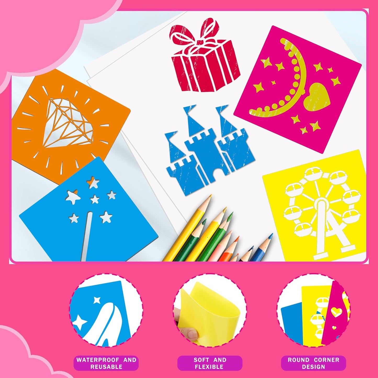 24 Pieces Stencils for Kids,Large Drawing Stencils Chalk Template,8 Inches Washable Shape Template Kit for Crafts,Painting Drawing for Kids Toddlers Preschool(Princess, 8 inch)
