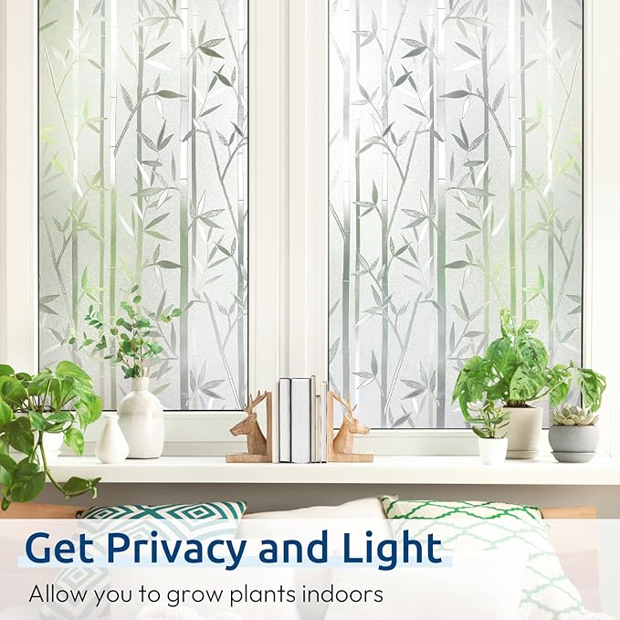 rabbitgoo Window Privacy Film Frosted Bamboo Pattern, Removable UV Blocking Stained Glass Decals Covering Decorative Window Cling for Home, 23.6 in X 6.5 Feet, Regular