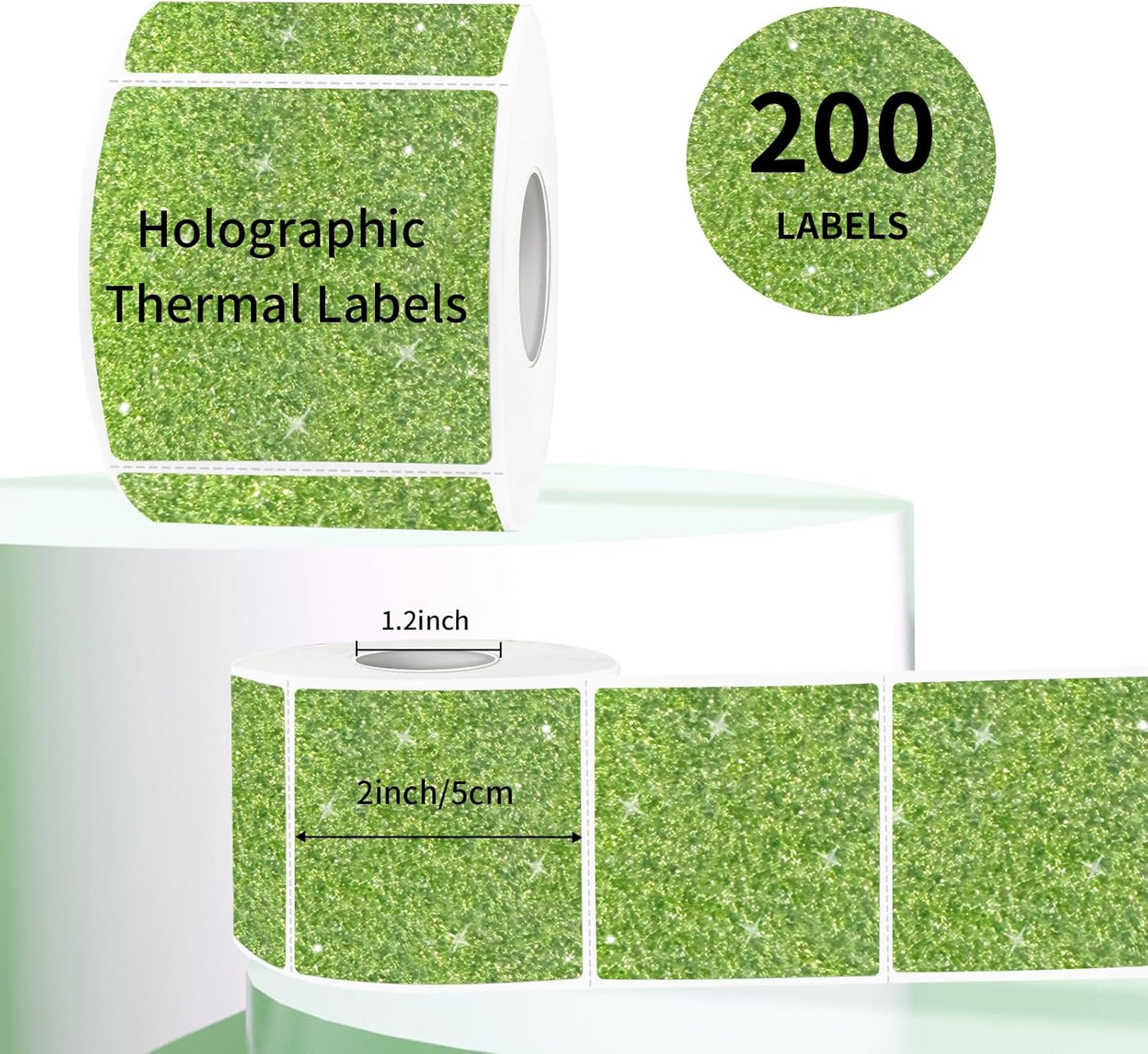 Square Holographic Thermal Labels Stickers, 2" x 2" Thermal Stickers Labels, Waterproof Glitter Direct Thermal Printer Label for Small Business- Holographic Green