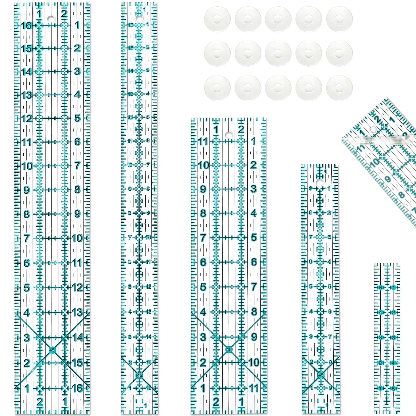 Quilting Rulers, Sewing Ruler, Acrylic Ruler for Sewing and Quilting,Cutting Ruler with Non-Slip Rings (3"x17",1.5"x17",3"x12",1.5"x10",1"x6") (Blue)