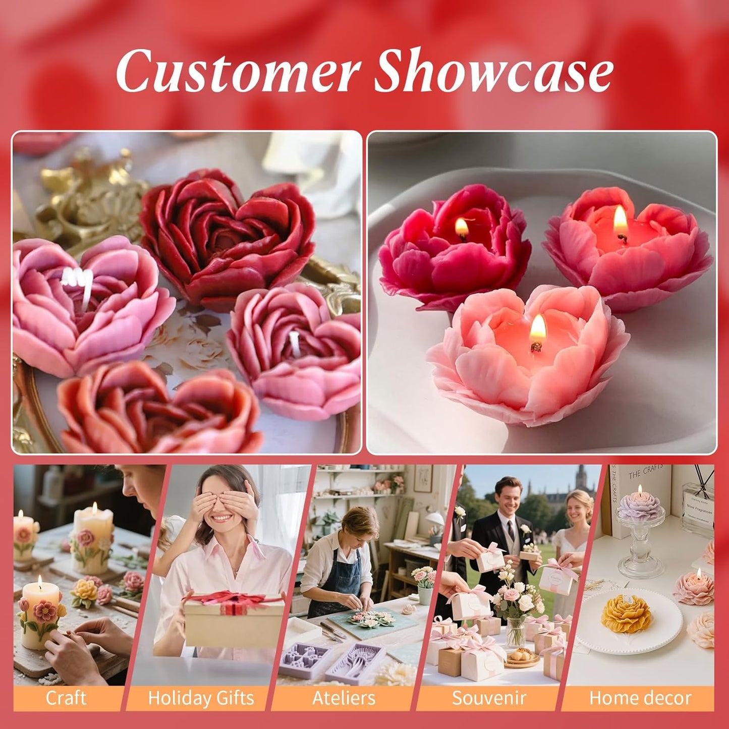 2Pcs Heart Flower Candle Wax molds Silicone Shapes for Candle Making Valentine Day Large Flower Candle Making Valentine Silicone Wax Mold for Candles moldes de silicona para velas