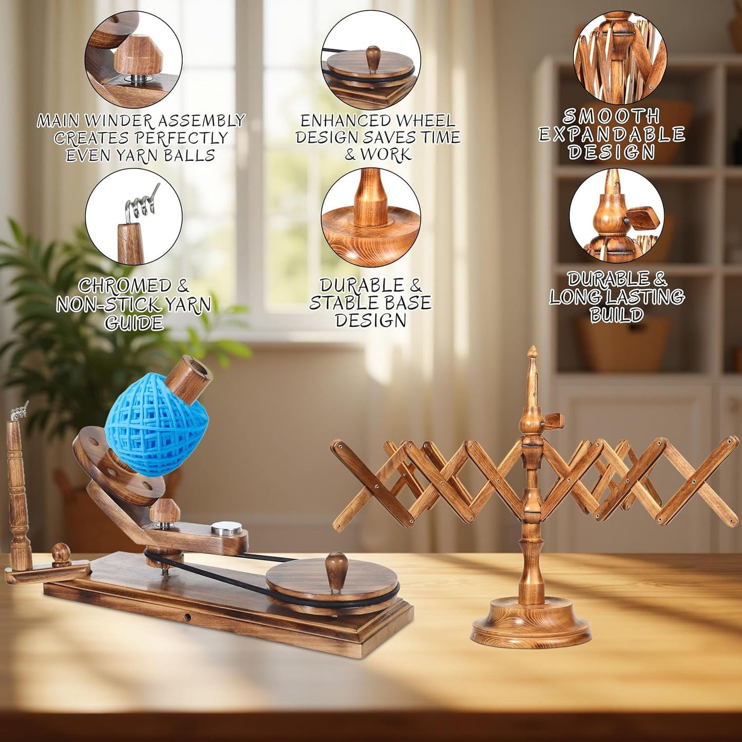 Handmade Wooden Yarn Ball Winder & Table Top Swift for Knitting & Crocheting, Wool String Center Pull (Antique Winder+Swift Set)