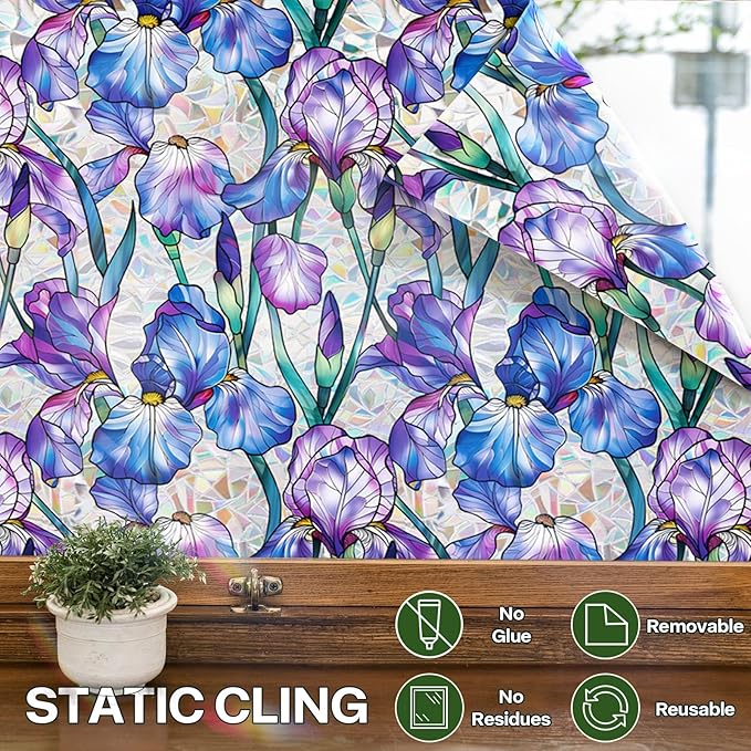 Stained Glass Window Film UV Resistant Window Privacy Film Purple Floral Privacy Rainbow Decals Living Room Bedroom Sun Blocking Decor Removable Static Cling Stickers 17 x 78.74 Inch