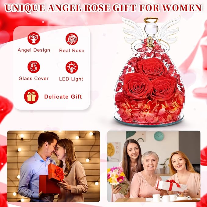 Beferr Valentines Day Rose Gifts for Her Women Mom Gifts for Birthday, Fresh Flowers for Delivery Forever Preserved Rose in Glass Angel Figurine, for Grandma Wife Daughter Girlfriend